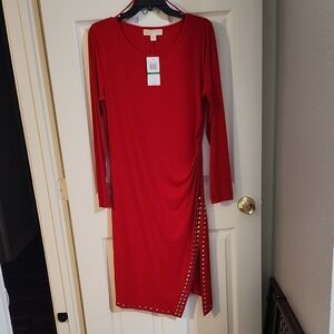 MICHAEL Michael Kors Red Long Sleeve Dress with Studded Slit